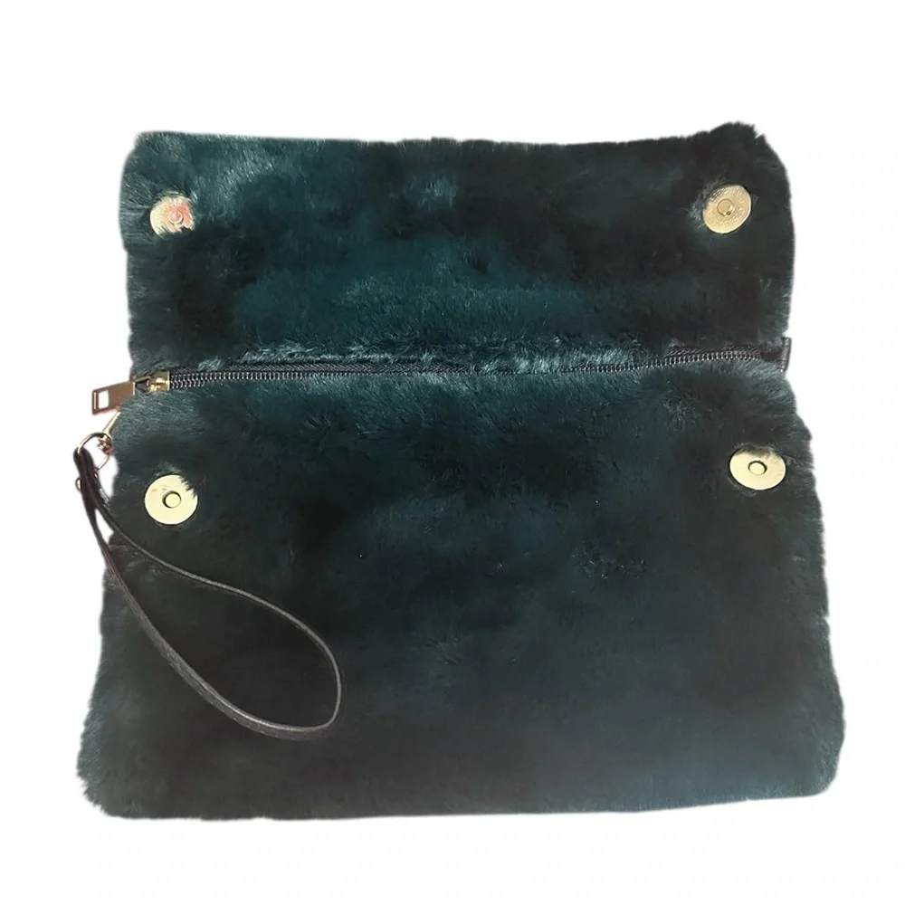 Faux Fur Purse Wristlet Deep Forest Green with Crossbody potential. EUC